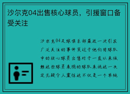沙尔克04出售核心球员，引援窗口备受关注