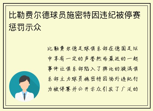 比勒费尔德球员施密特因违纪被停赛惩罚示众